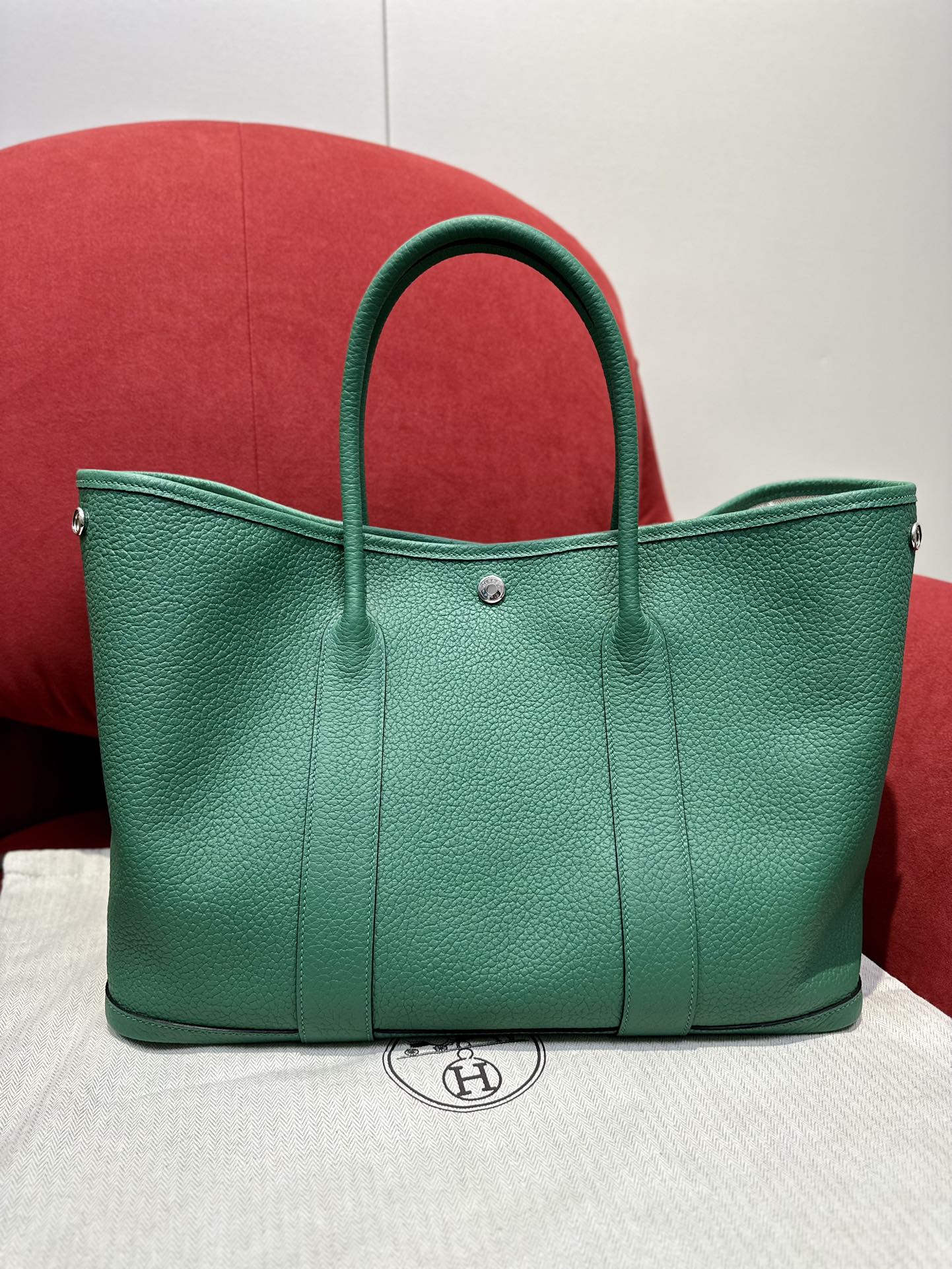 Hermes Garden Party 30cm Tote Handbag In Vert Vertigo Clemence Leather